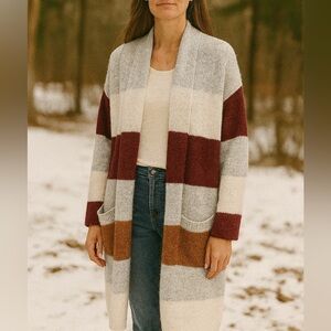 Entro Chunky Open Front Cardigan Medium sweater striped fuzzy pockets long‎